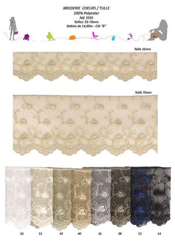 Premium Quality 1 3/8", 2 3/4" Heart Embroidered Tulle Lace