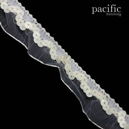 1 Inch Sheer Ruffle Trim With Sequins Beige