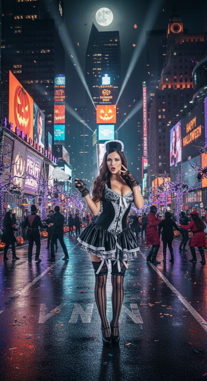 [*Halloween Clearance Sale*] Sexy Maid Costume - Black and White Lace-Up Corset Dress with Headpiece for Halloween