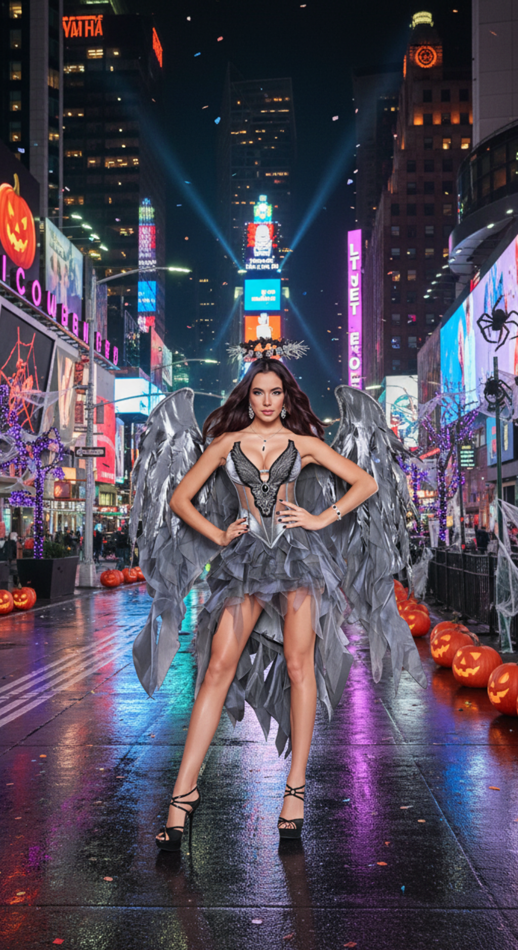 [*Halloween Clearance Sale*] Dark Angel Costume - Silver and Grey Angelic Wings with Ruffled Skirt and Halo for Halloween