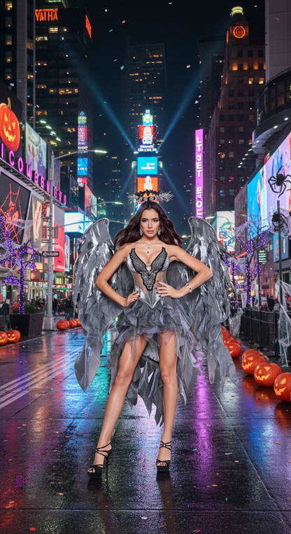 [*Halloween Clearance Sale*] Dark Angel Costume - Silver and Grey Angelic Wings with Ruffled Skirt and Halo for Halloween