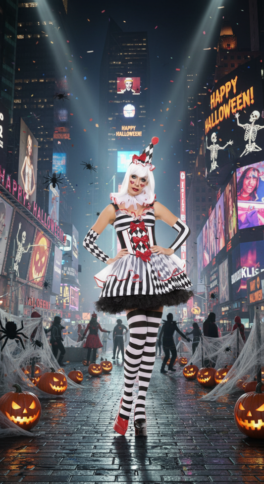 [*Halloween Clearance Sale*] Harlequin Clown Costume - Black and White Striped Dress with Red Accents for Halloween