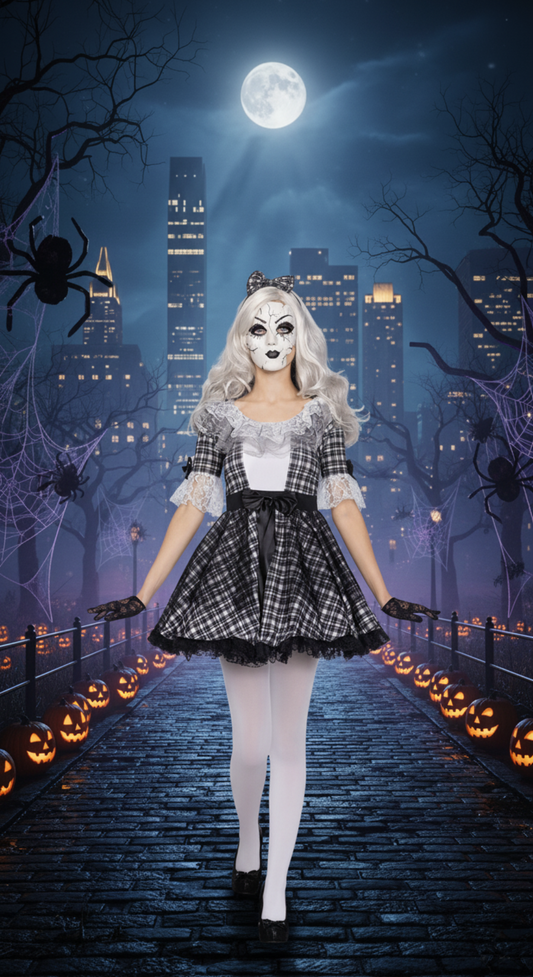 [*Halloween Clearance Sale*] Creepy Doll Costume - Black and White Plaid Dress with Lace Accents for Halloween