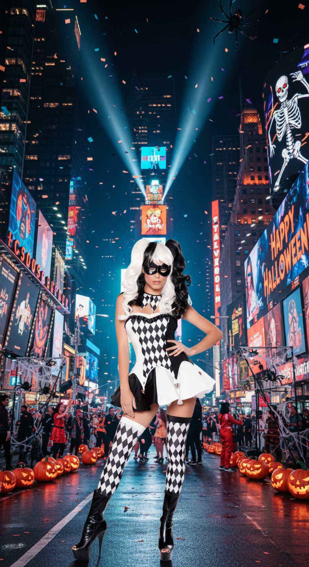 [*Halloween Clearance Sale*] Harlequin Clown Costume - Black and White Diamond Pattern with Mask and Thigh-High Socks for Halloween