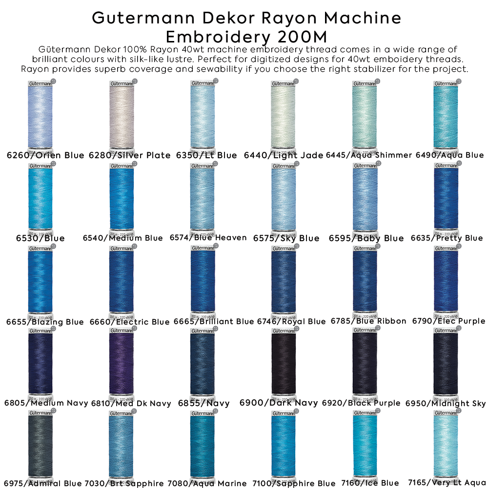 Gutermann Dekor Rayon Machine Embroidery 200M Colors #6260 to #7165