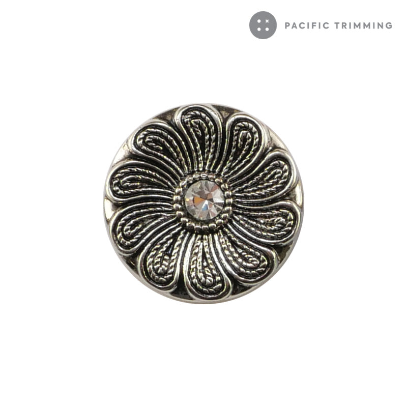 Flower Patterened Metal with Rhinestone Shank Button