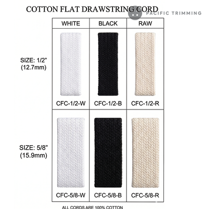 1/2", 5/8" Cotton Flat Drawstring Cord in White, Black, Raw