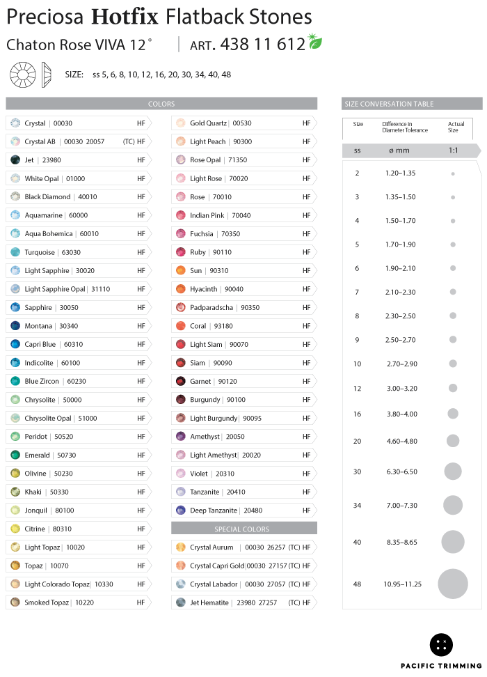 Preciosa Hotfix Rhinestone Crystal Multiple Colors and Sizes