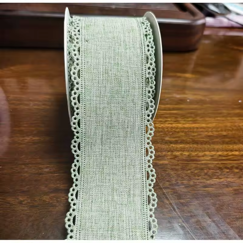Scalloped Eyelet Lace Edge Faux Linen Wired Ribbon