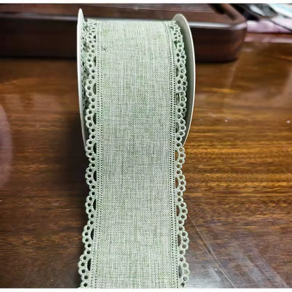 Scalloped Eyelet Lace Edge Faux Linen Wired Ribbon