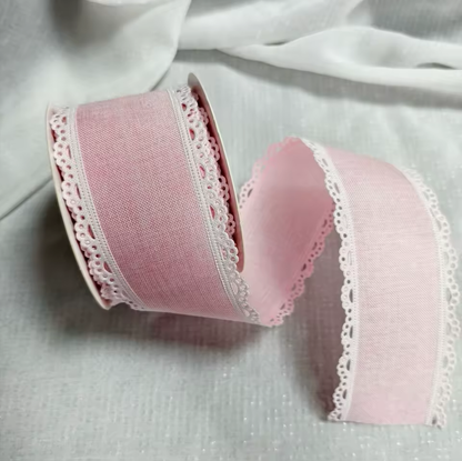 Scalloped Eyelet Lace Edge Faux Linen Wired Ribbon