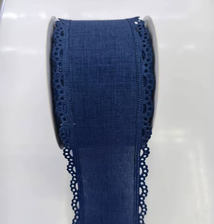 Scalloped Eyelet Lace Edge Faux Linen Wired Ribbon