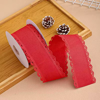 Scalloped Eyelet Lace Edge Faux Linen Wired Ribbon
