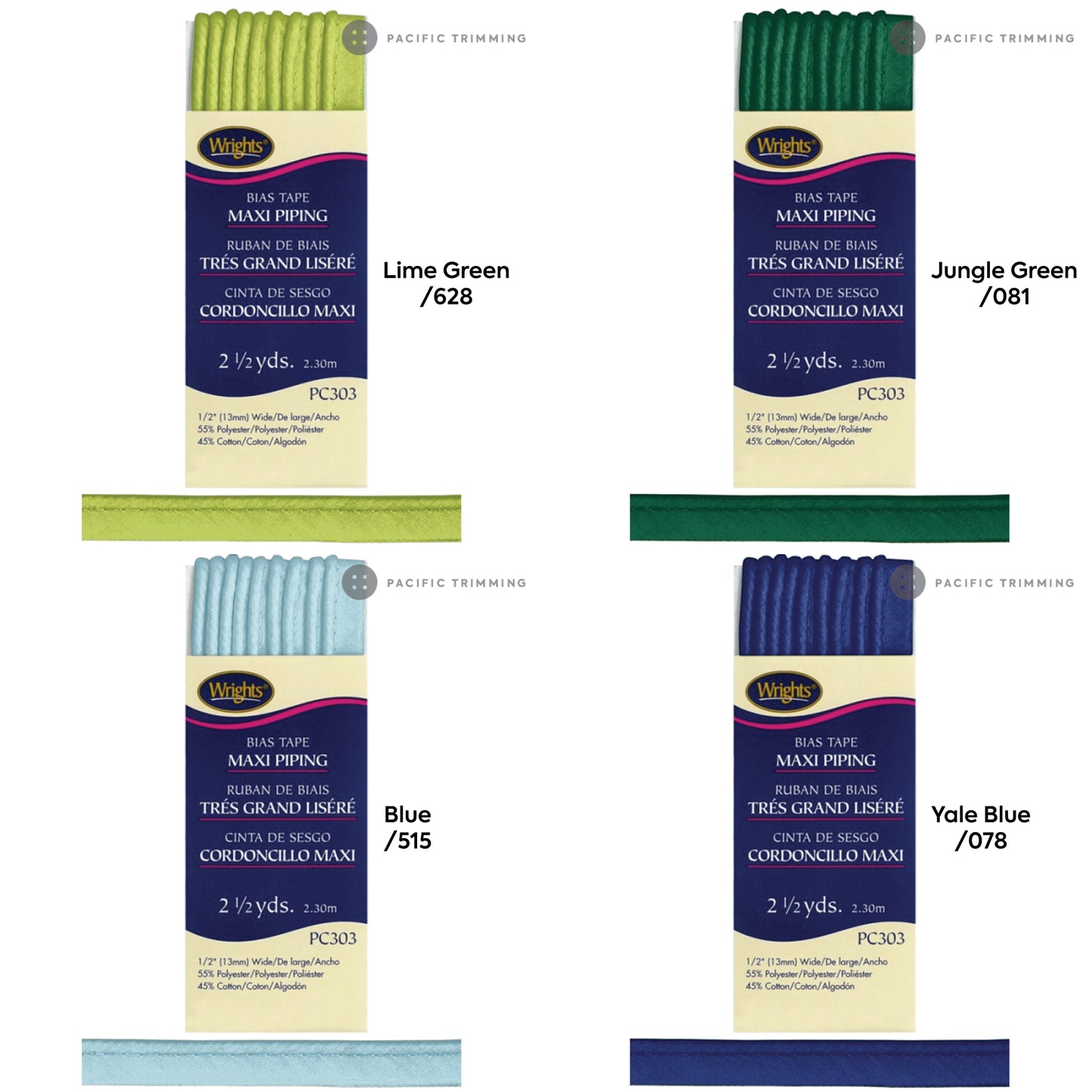 Wrights Maxi Piping Bias Tape 1/2" Multiple Colors