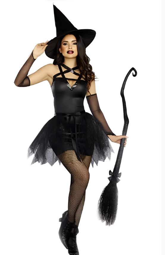 [*Halloween Clearance Sale*]Sexy Witch Costume - Black Strappy Dress with Tulle Skirt and Witch Hat for Halloween