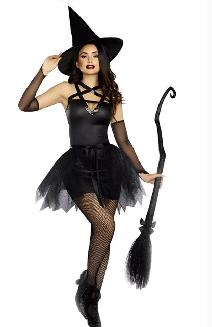 [*Halloween Clearance Sale*]Sexy Witch Costume - Black Strappy Dress with Tulle Skirt and Witch Hat for Halloween
