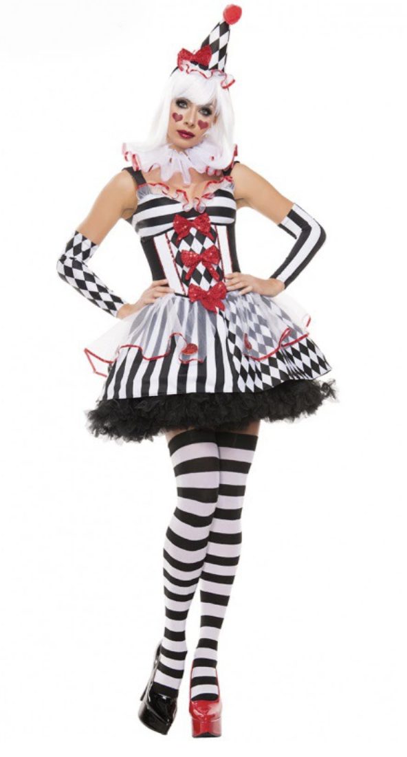 [*Halloween Clearance Sale*] Harlequin Clown Costume - Black and White Striped Dress with Red Accents for Halloween