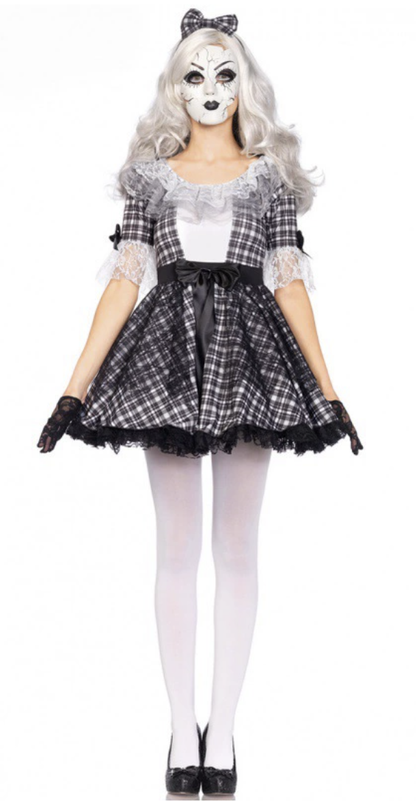 [*Halloween Clearance Sale*] Creepy Doll Costume - Black and White Plaid Dress with Lace Accents for Halloween