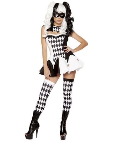 [*Halloween Clearance Sale*] Harlequin Clown Costume - Black and White Diamond Pattern with Mask and Thigh-High Socks for Halloween