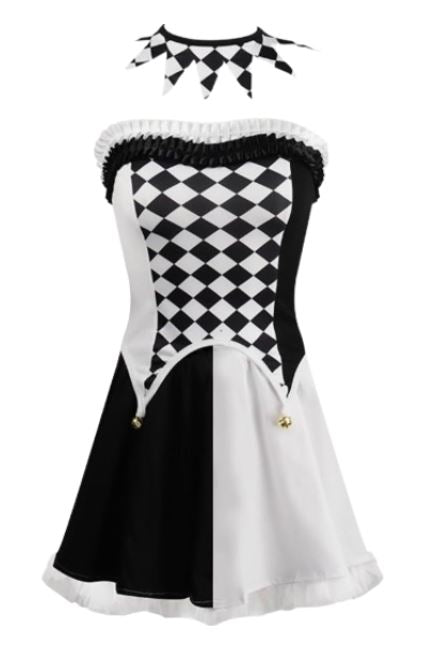 [*Halloween Clearance Sale*] Harlequin Clown Costume - Black and White Diamond Pattern with Mask and Thigh-High Socks for Halloween