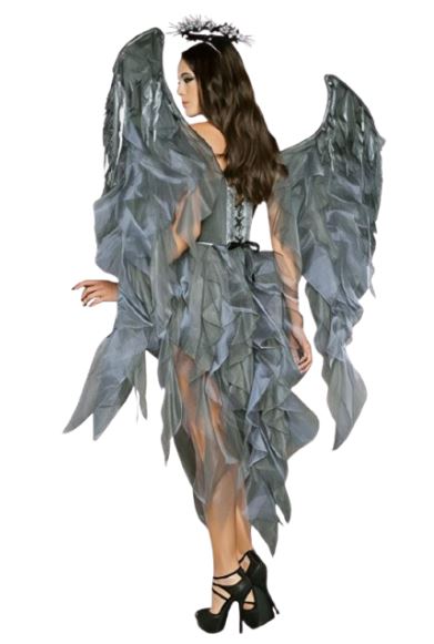 [*Halloween Clearance Sale*] Dark Angel Costume - Silver and Grey Angelic Wings with Ruffled Skirt and Halo for Halloween