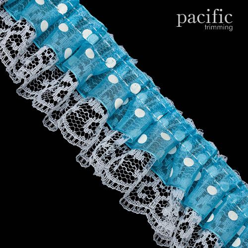 1.75 Inch 2-Layers Dot Sheer/Lace Ruffle Trim Blue