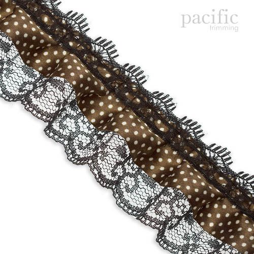 2 Inch 2-Layers Dot Satin/Lace Ruffle Trim Brown