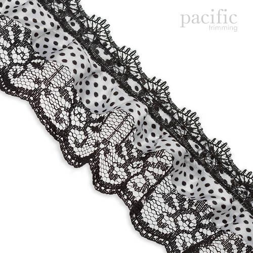 2 Inch 2-Layers Dot Satin/Lace Ruffle Trim White