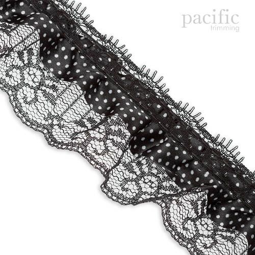 2 Inch 2-Layers Dot Satin/Lace Ruffle Trim Black