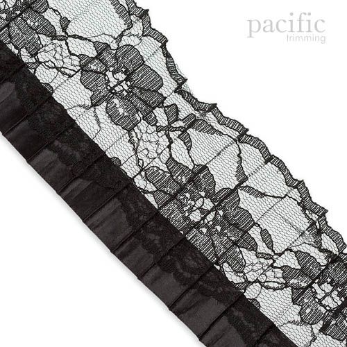 3 inch Satin Edged Lace Pleat Trim Black