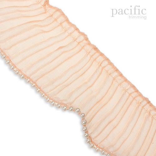 2.25 Inch Pleat Trim W/Pearl Beads Peach