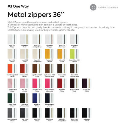 #3 One Way Metal Teeth Zipper 36 Inch Color Chart