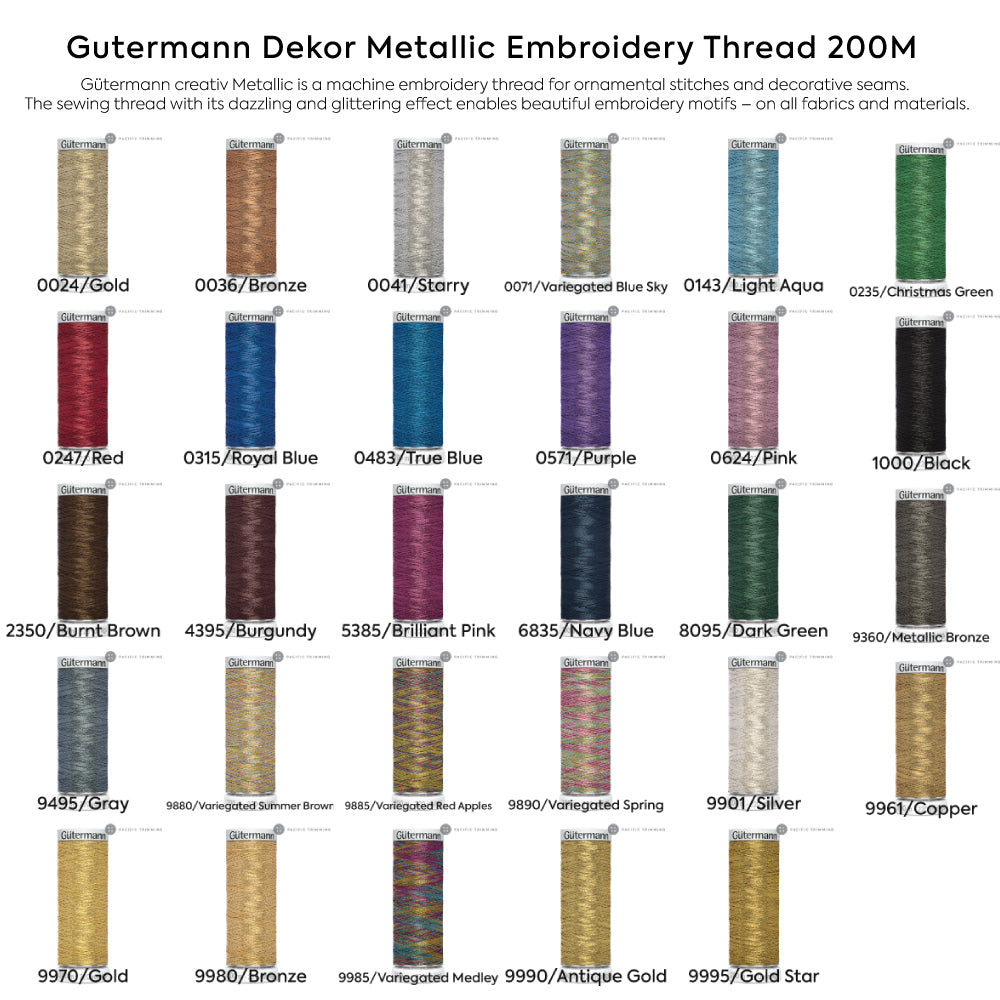 Gutermann Dekor Metallic Embroidery Thread 200M 29 Colors