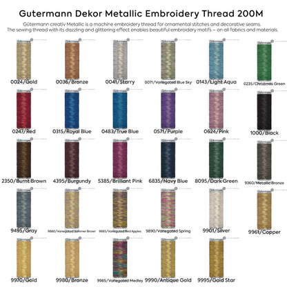 Gutermann Dekor Metallic Embroidery Thread 200M 29 Colors