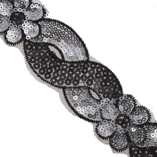 1.5 Inch Floral Scroll Sequin Trim Black/Silver