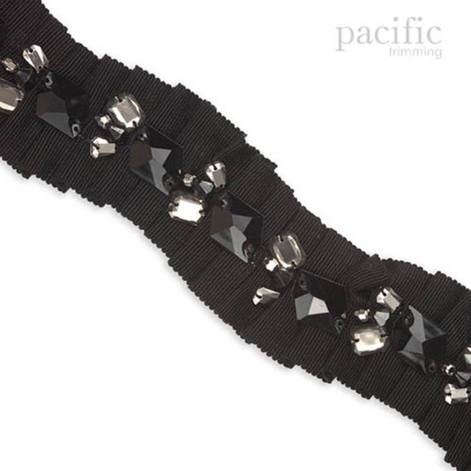 2 Inch Beads On Pleated Grosgrain Trim Black